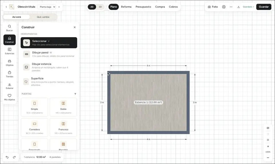 Se arrastra la puerta Simple desde el panel Construir hasta una pared; queda colocada y a la derecha salen sus medidas.