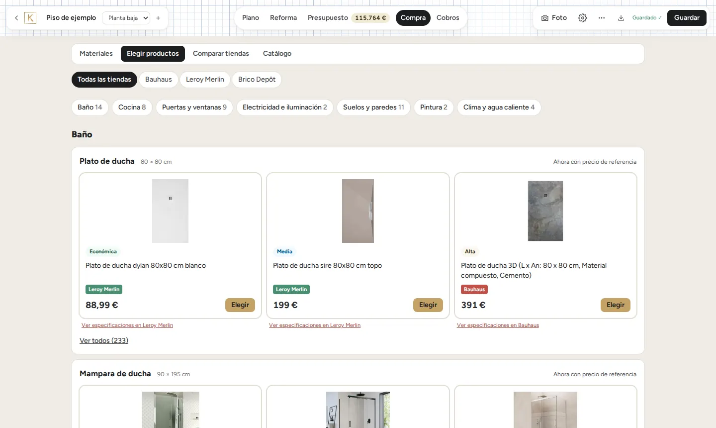 Compra → Elegir productos con filtros por tienda, secciones y tres opciones de plato de ducha: económica, media y alta.
