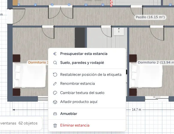El menú del clic derecho sobre una estancia del plano.