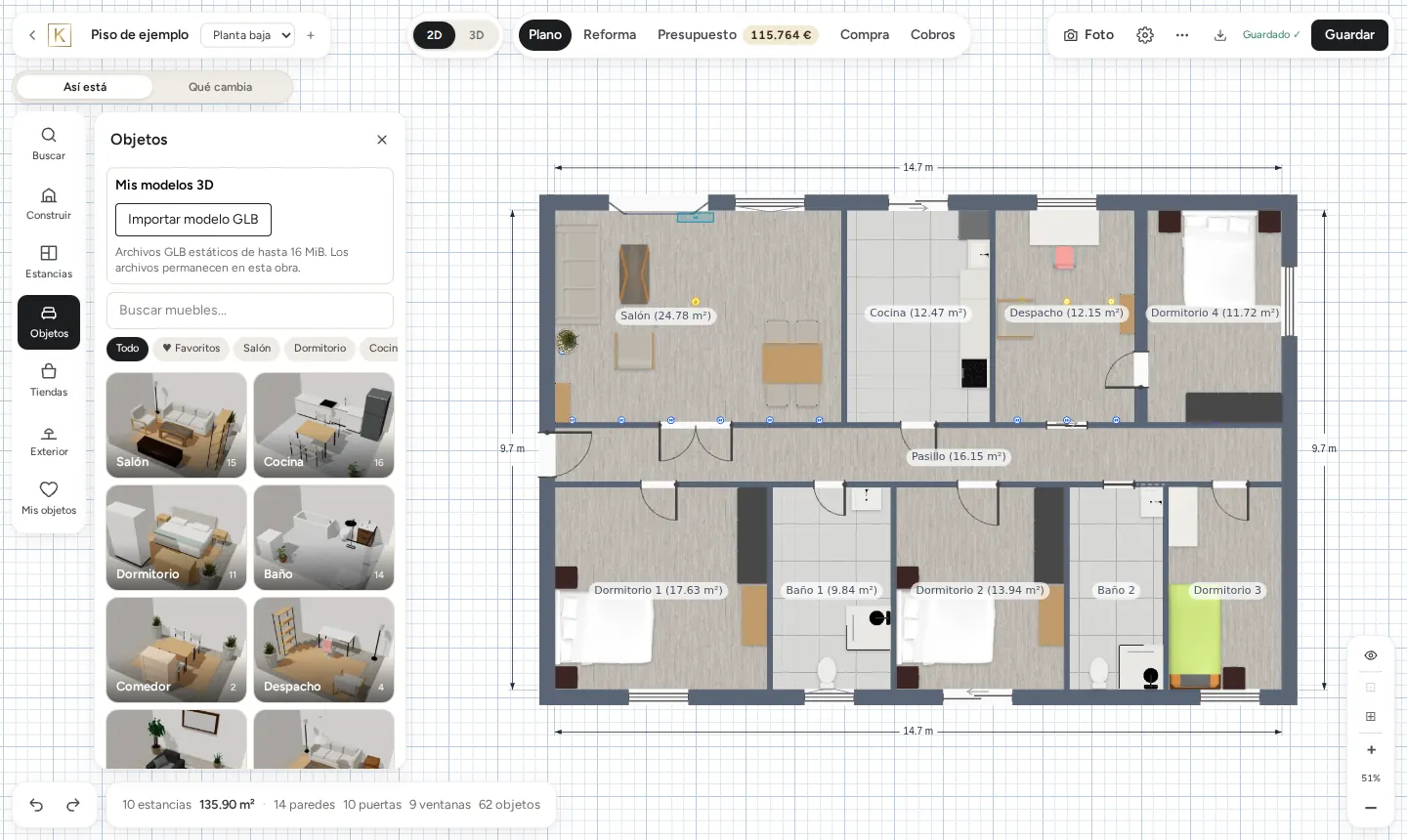 El panel Objetos con el buscador de muebles y las categorías Salón, Cocina, Dormitorio, Baño y otras.