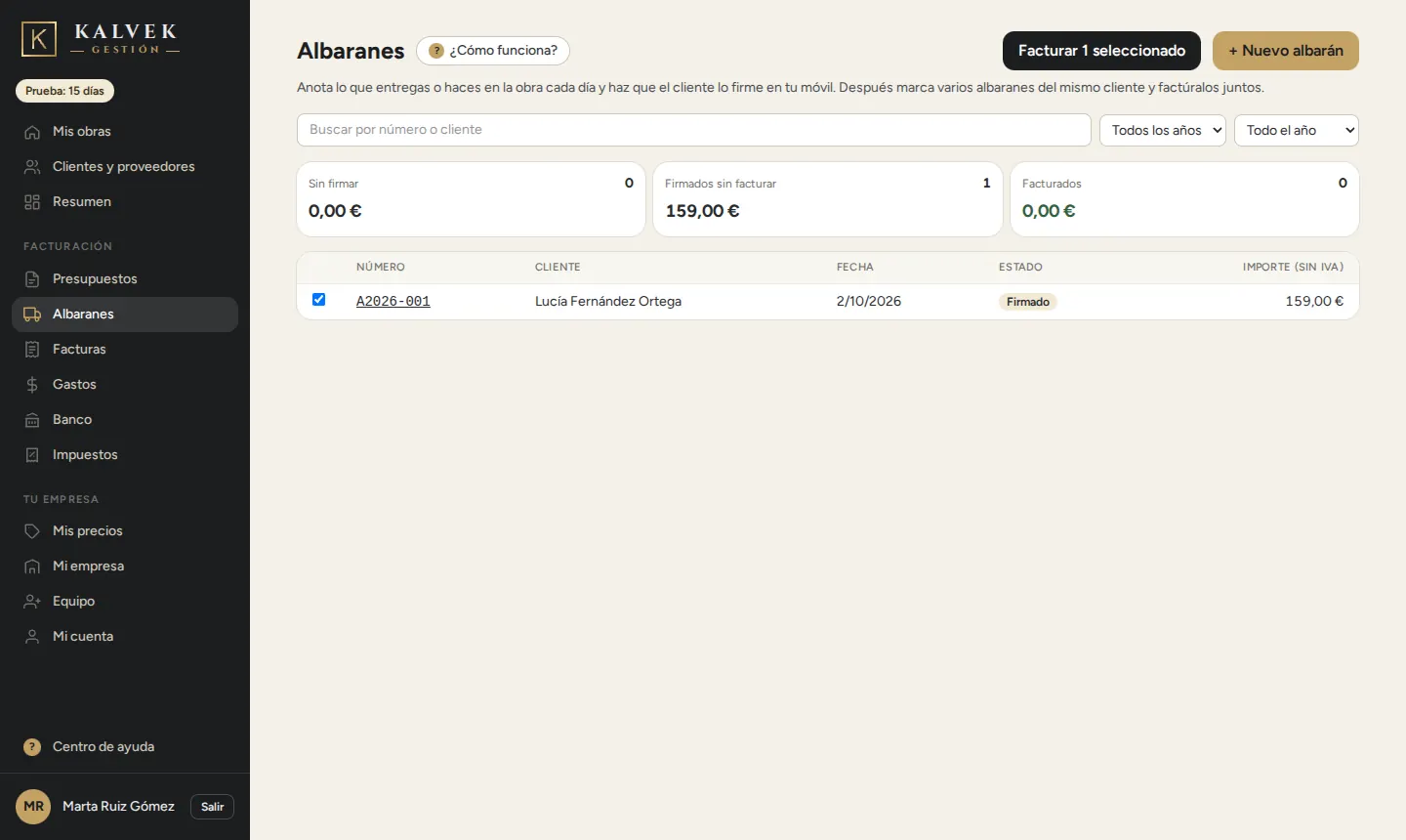 La lista de albaranes con uno firmado y seleccionado para facturar.