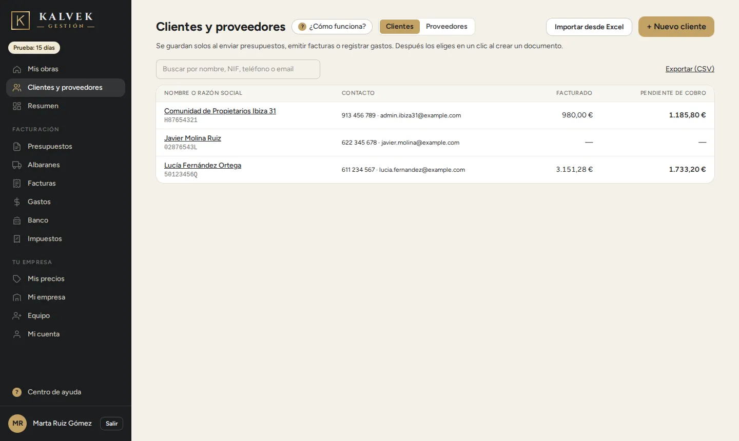 La lista de clientes con lo facturado y lo pendiente de cobro de cada uno.