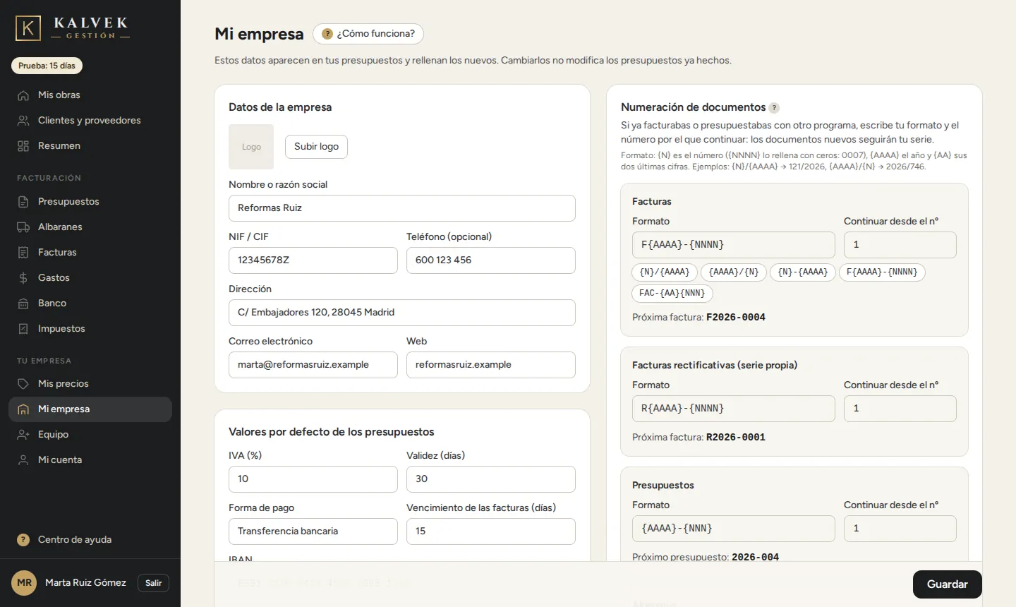Mi empresa: los datos de la empresa a la izquierda y la numeración de documentos a la derecha.