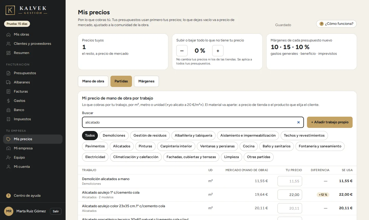 La pestaña Partidas: el buscador, los capítulos, tu precio de cada trabajo y el botón para añadir uno propio.