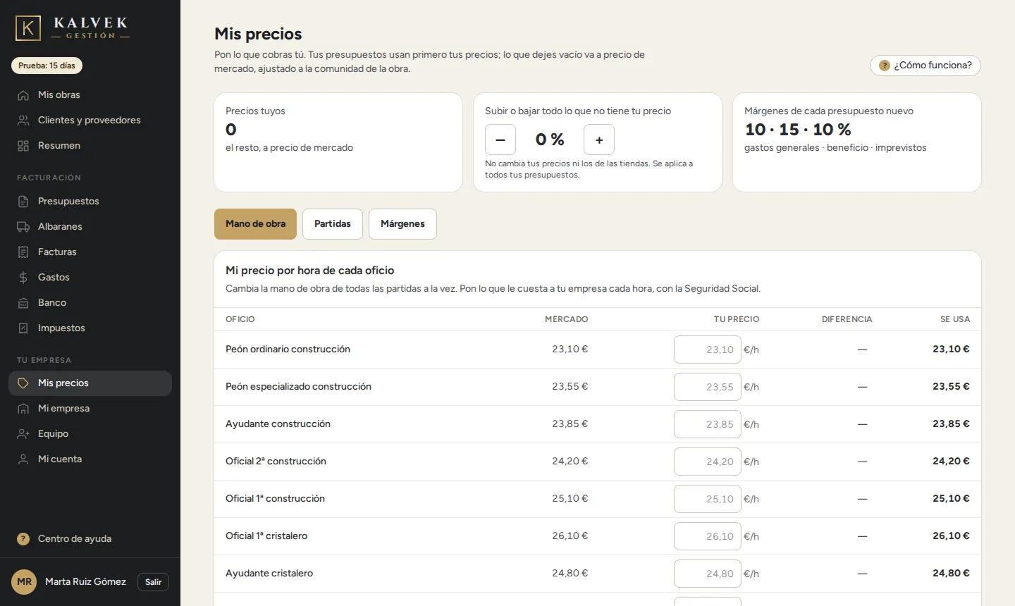 Mis precios: las pestañas, el precio por hora de cada oficio, el botón para subir o bajar todo y los márgenes.
