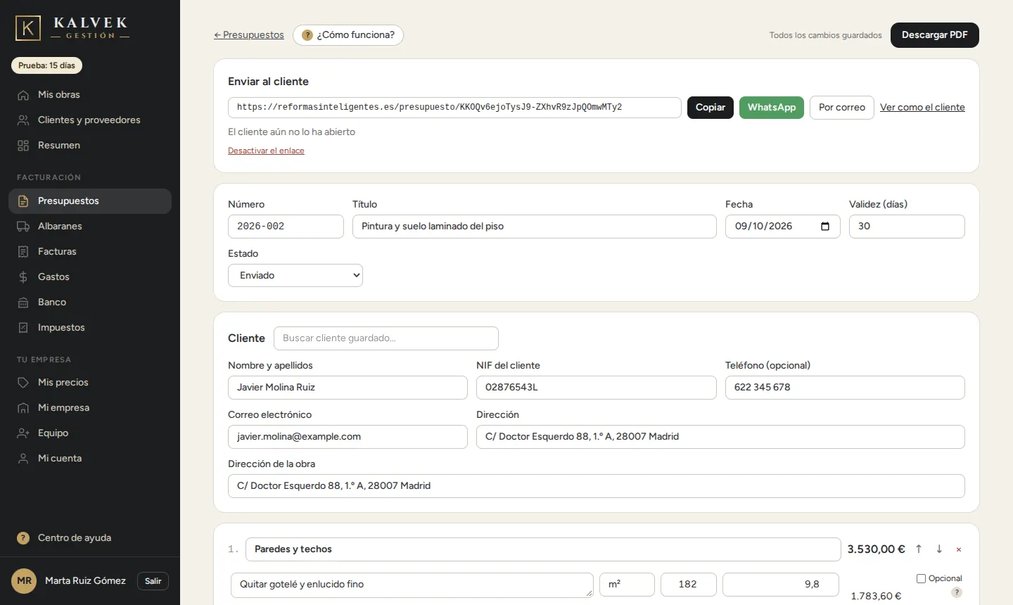 El presupuesto de Javier Molina con el bloque Enviar al cliente arriba.