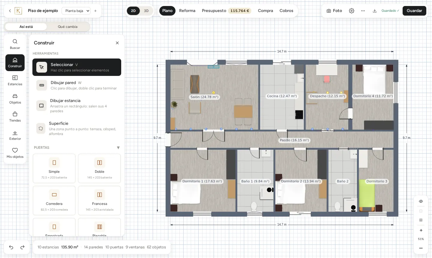 Plano de un piso de diez estancias en el editor